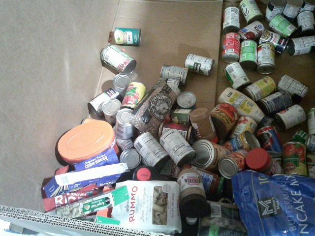 Various dry goods in a cardboard container.